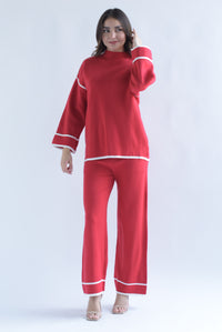Fashion Styled Set Pantalón y Sweater punto filos dobladillo Rojo