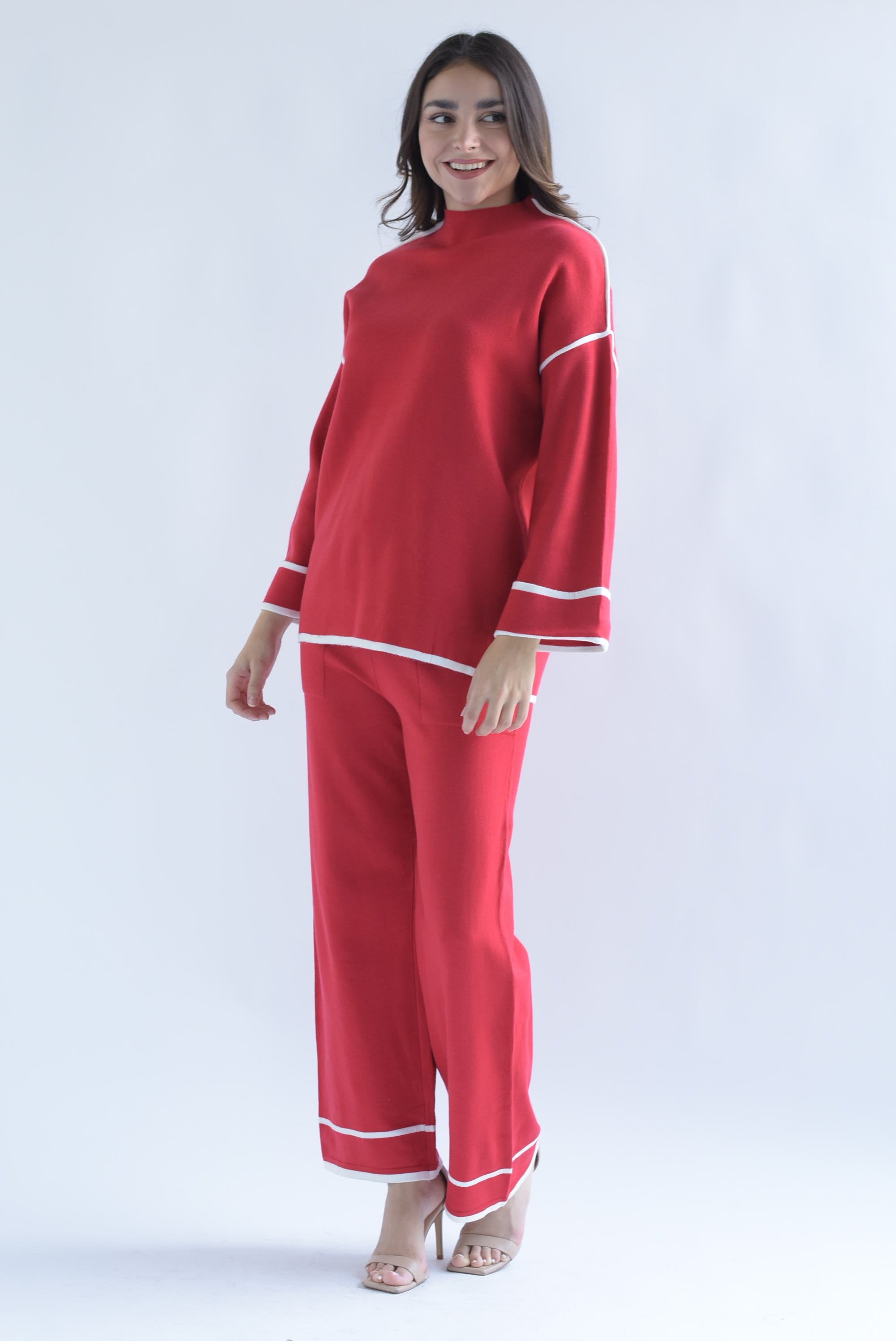 Set Pantalón y Sweater punto filos dobladillo Rojo