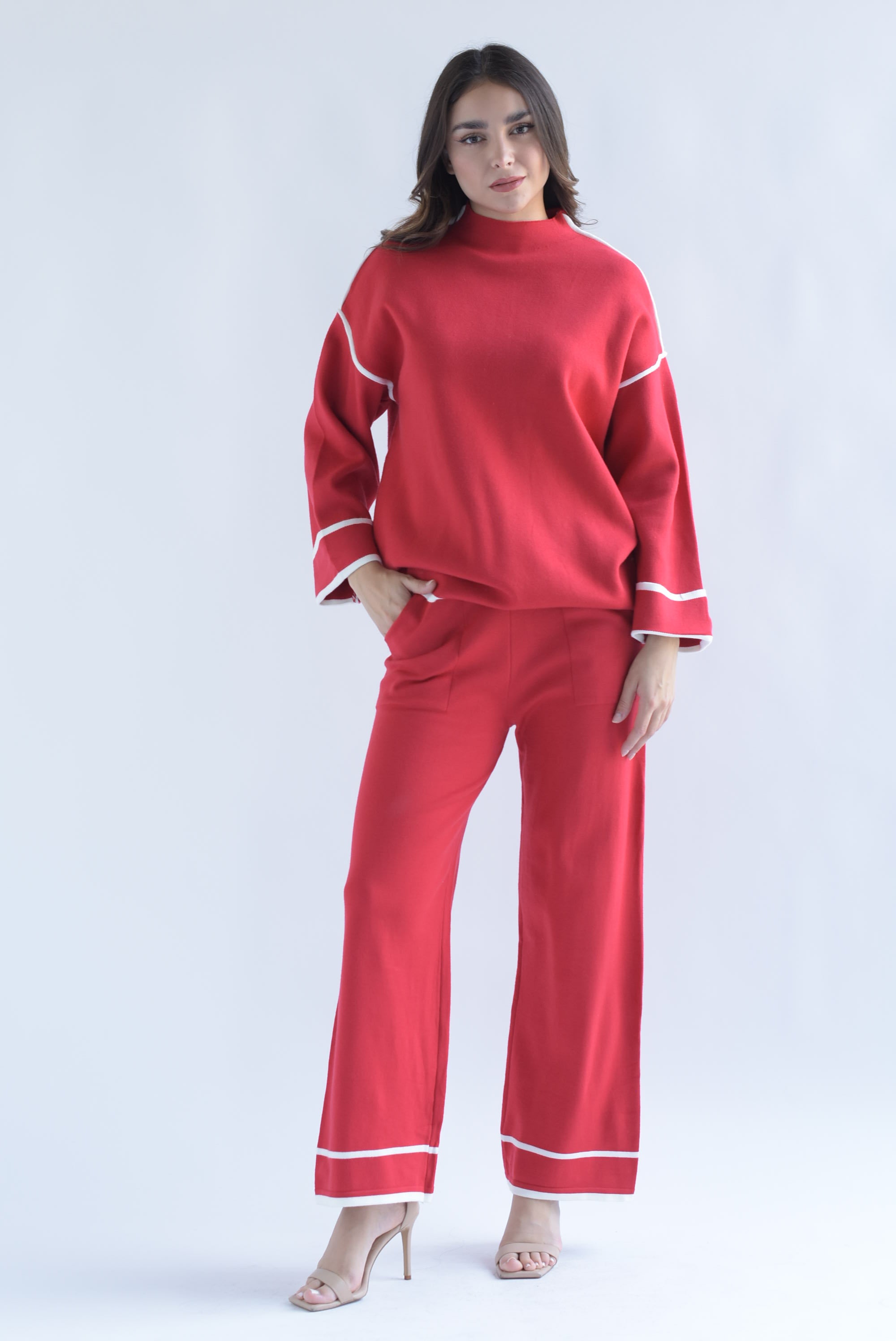 Set Pantalón y Sweater punto filos dobladillo Rojo