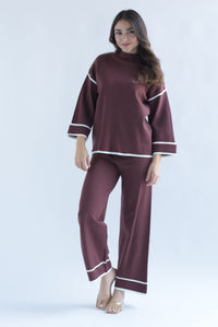 Fashion Styled Set Pantalón y Sweater punto filos dobladillo Marrón