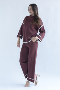 Fashion Styled Set Pantalón y Sweater punto filos dobladillo Marrón