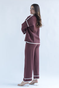 Fashion Styled Set Pantalón y Sweater punto filos dobladillo Marrón