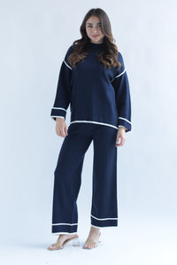 Fashion Styled Set Pantalón y Sweater punto filos dobladillo Azul Marino