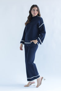Fashion Styled Set Pantalón y Sweater punto filos dobladillo Azul Marino