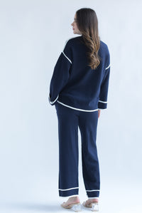 Fashion Styled Set Pantalón y Sweater punto filos dobladillo Azul Marino