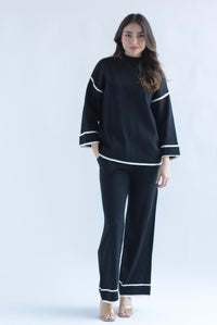 Fashion Styled Set Pantalón y Sweater punto filos dobladillo Negro