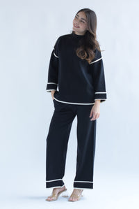 Fashion Styled Set Pantalón y Sweater punto filos dobladillo Negro