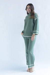 Fashion Styled Set Pantalón y Sweater punto filos dobladillo Verde