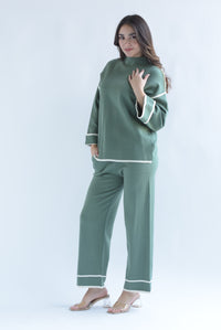 Fashion Styled Set Pantalón y Sweater punto filos dobladillo Verde