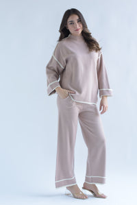 Fashion Styled Set Pantalón y Sweater punto filos dobladillo Moka