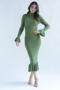Fashion Styled Vestido midi punto olanes Verde Olivo