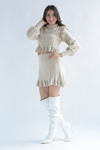 Fashion Styled Set Falda y Sweater punto moños y olán Beige