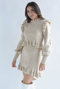 Fashion Styled Set Falda y Sweater punto moños y olán Beige