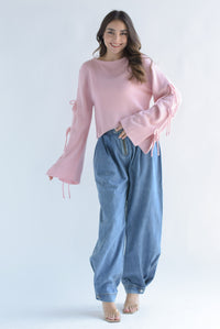 Fashion Styled Sweater punto manga campana lazos Rosa