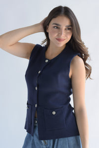 Fashion Styled Chaleco punto botones joyas Azul Marino