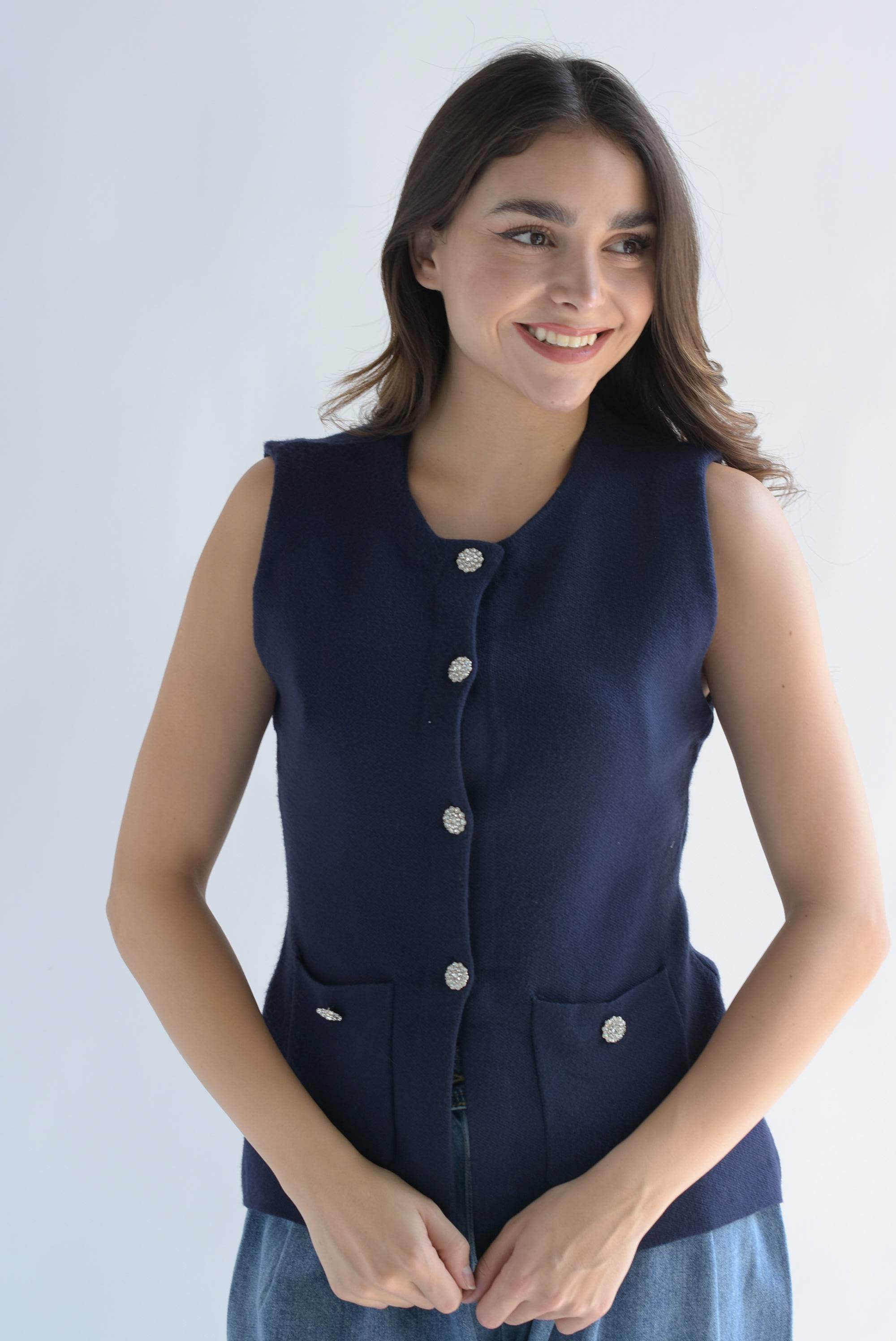 Chaleco punto botones joyas Azul Marino