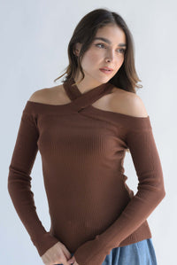 Fashion Styled Blusa punto cut-out halter Café