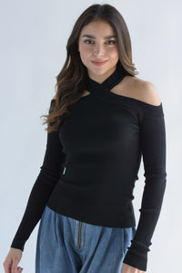 Fashion Styled Blusa punto cut-out halter Negro