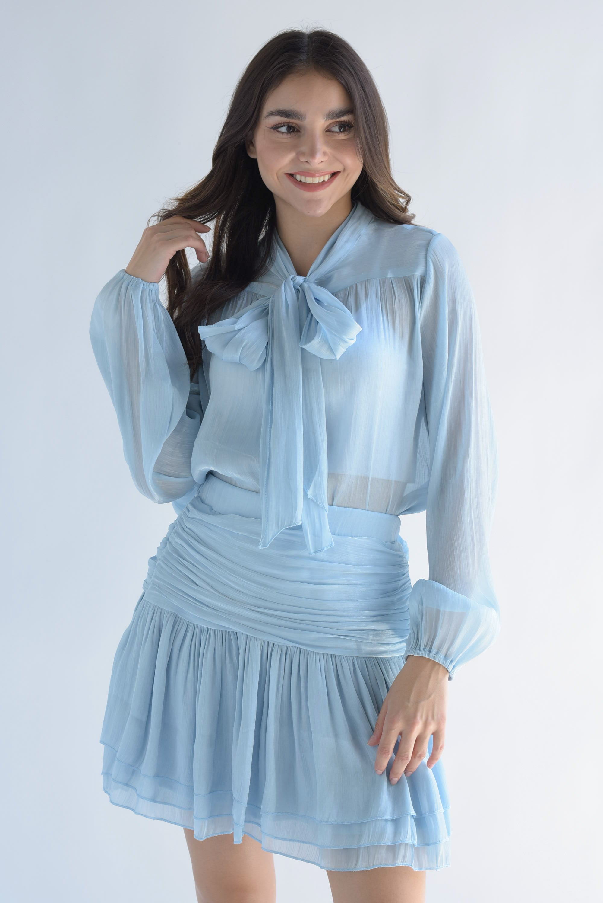 Set Falda drapeada y Blusa cinta Azul Baby