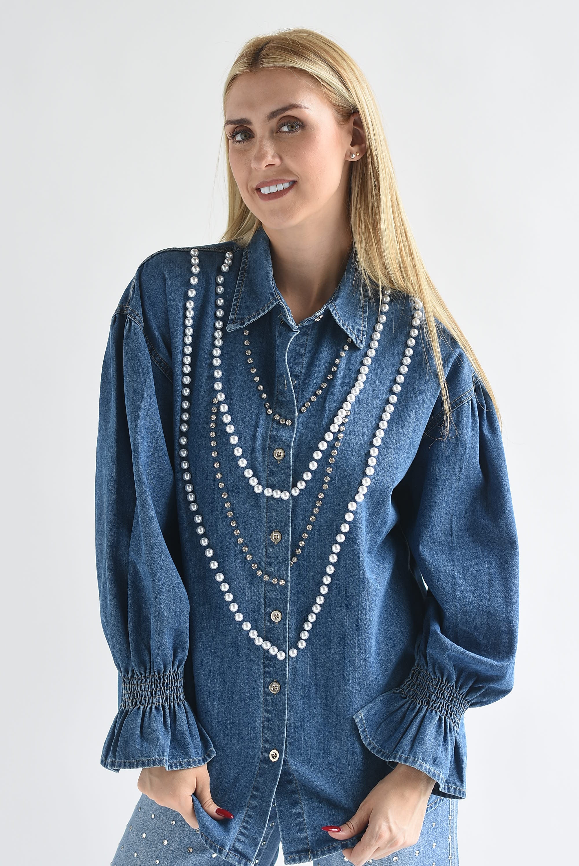 Shacket Denim perlas y brillos