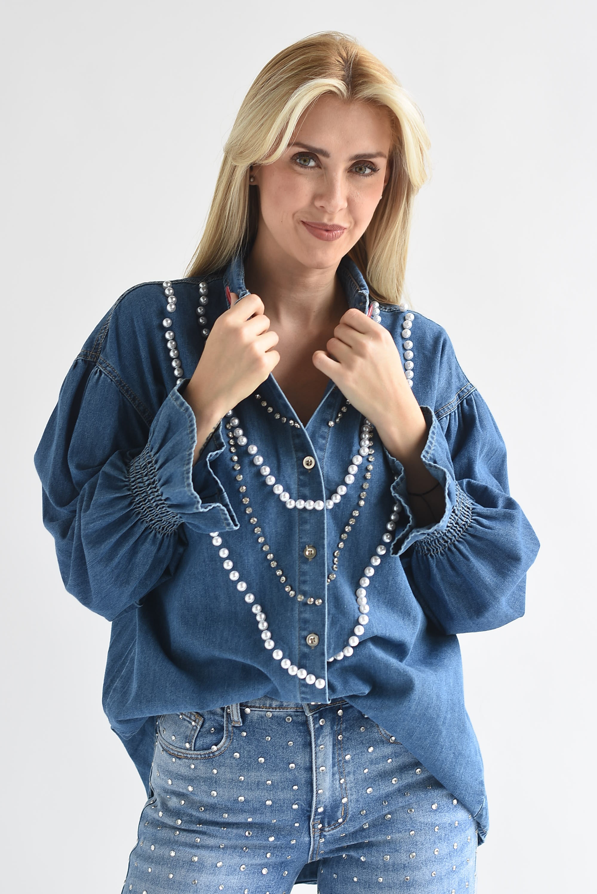 Shacket Denim perlas y brillos