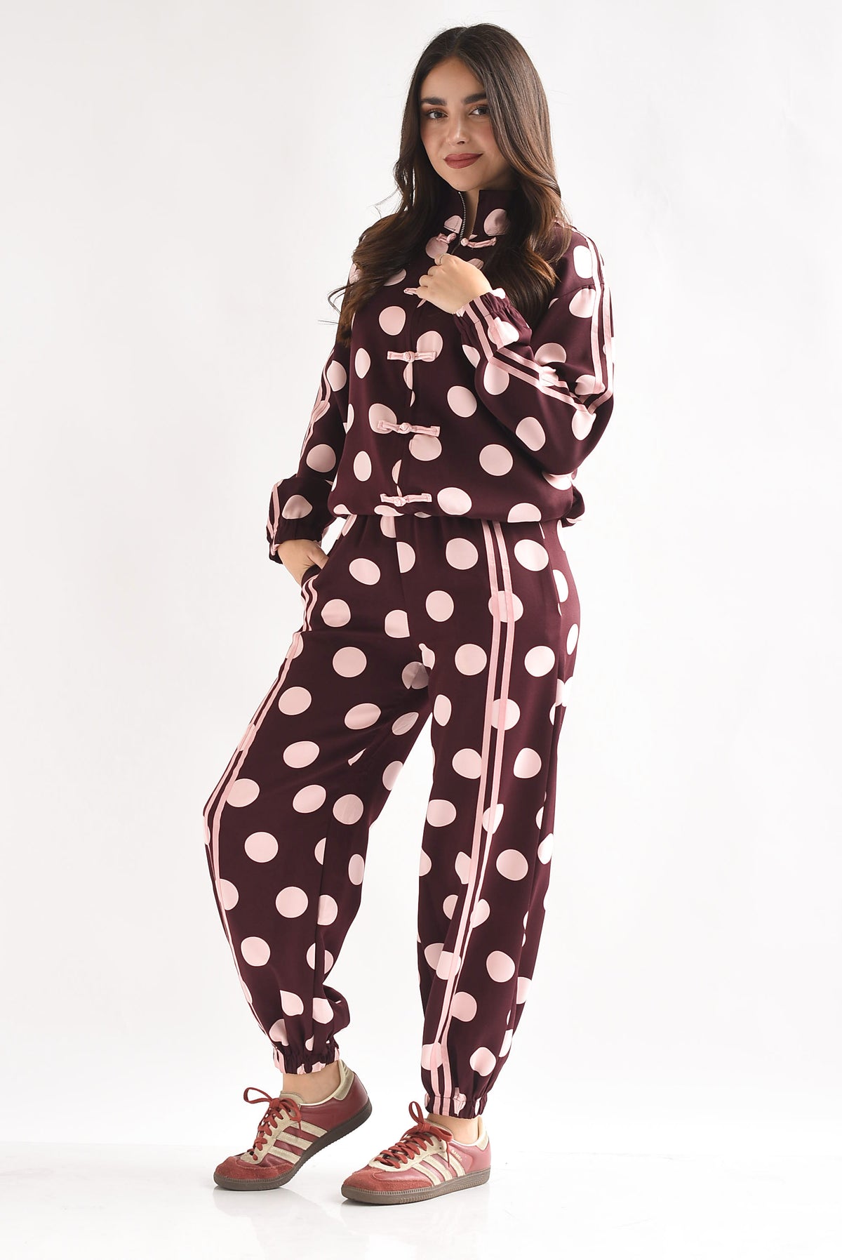 Set Pantalón y Chamarra lazos chinese track polka dots