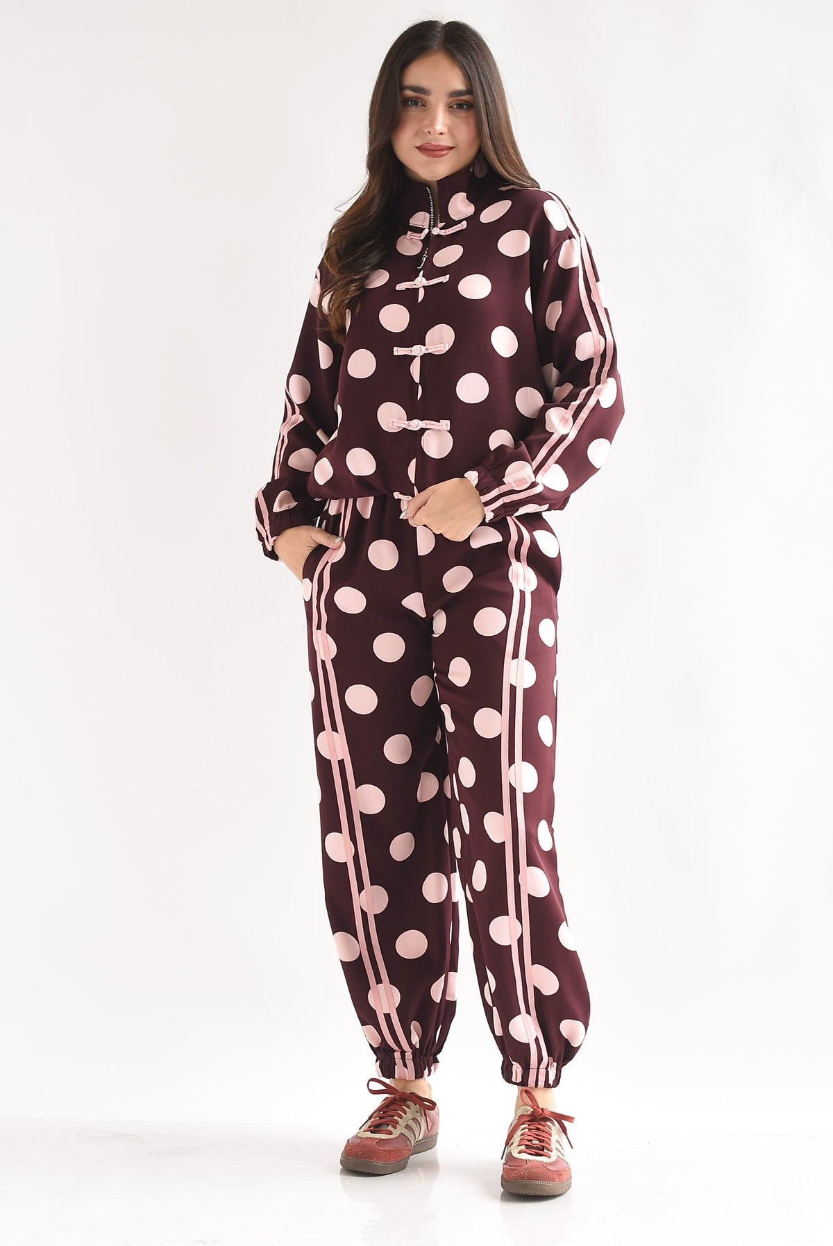 Set Pantalón y Chamarra lazos chinese track polka dots