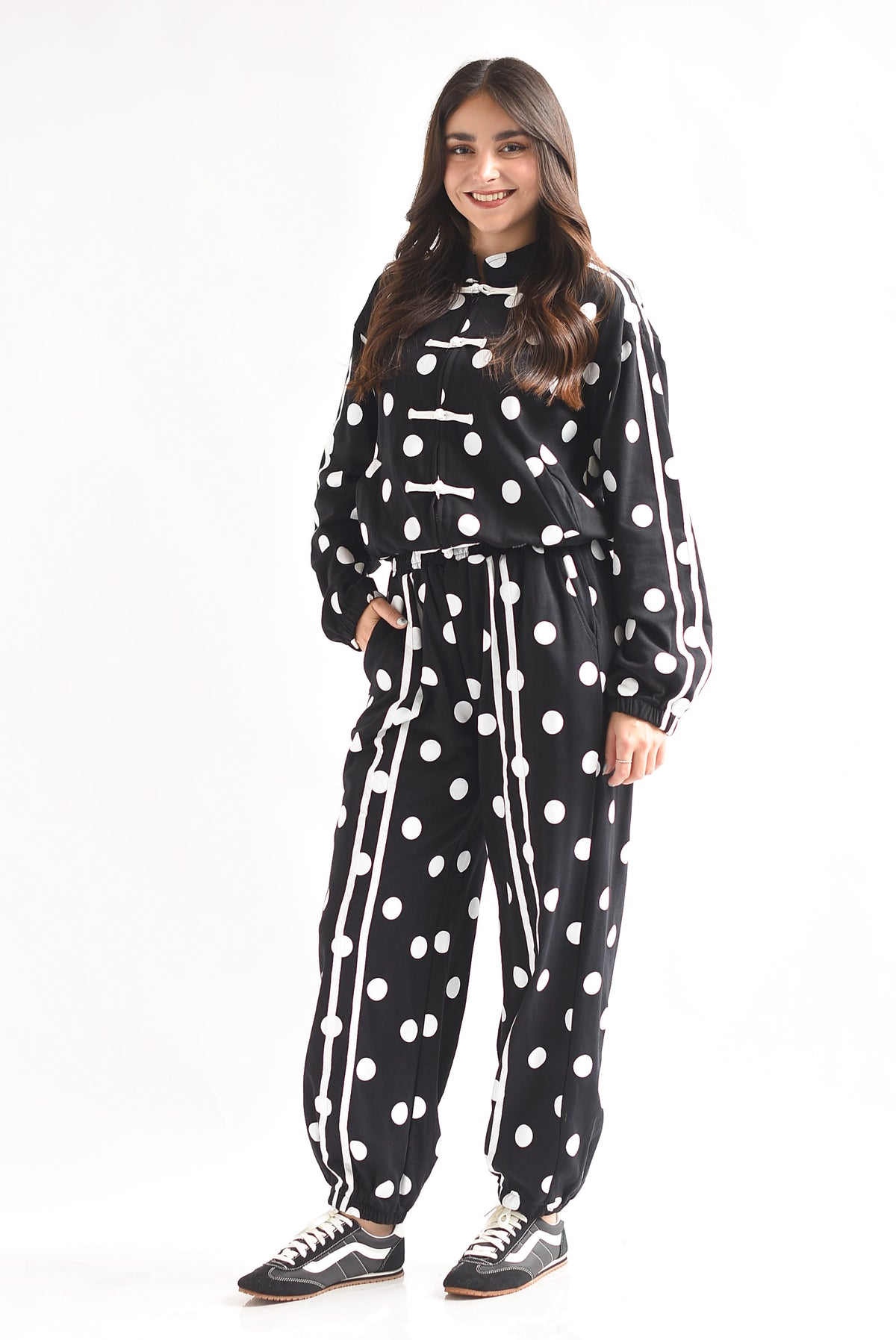 Set Pantalón y Chamarra lazos chinese track polka dots