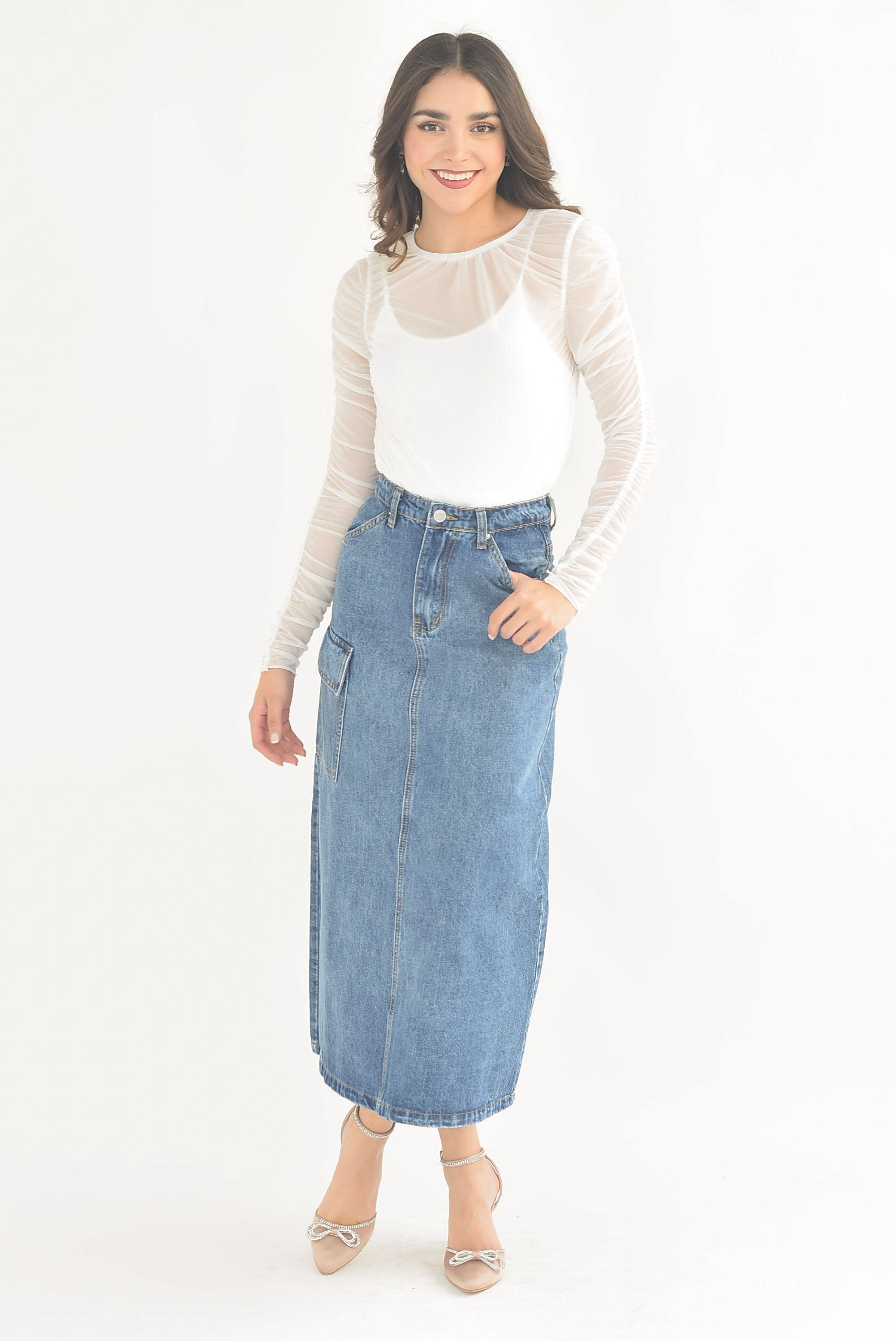 Falda larga denim Cargo abertura trasera