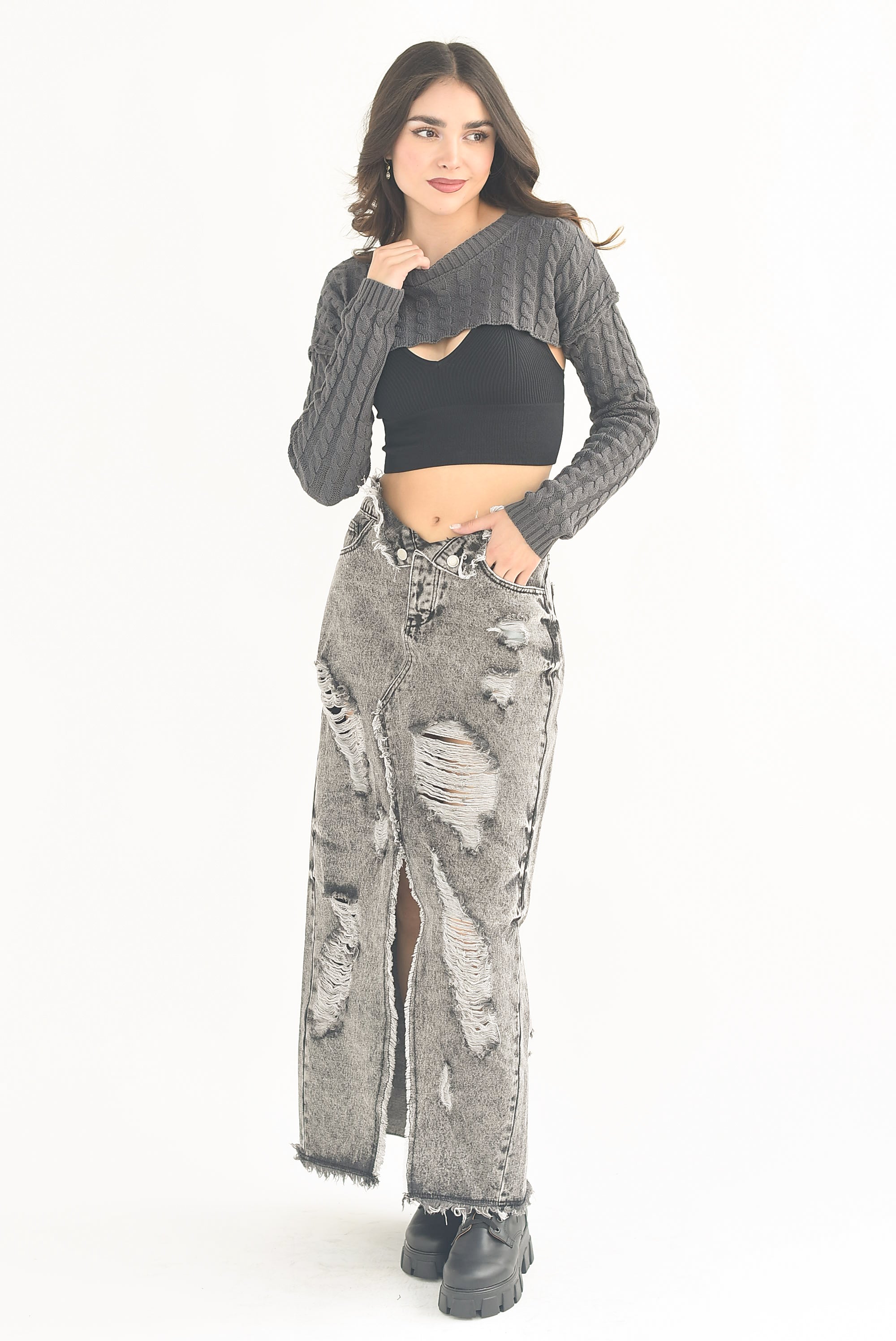 Falda larga Denim desgarre Negra deslavada