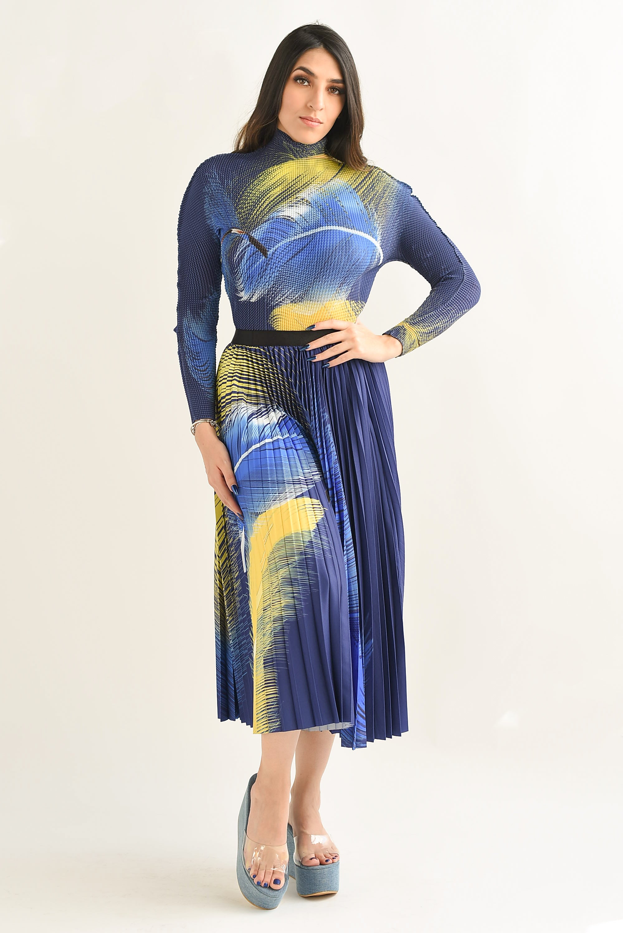 Set Falda y Blusa plumas Azul Rey con Amarillo