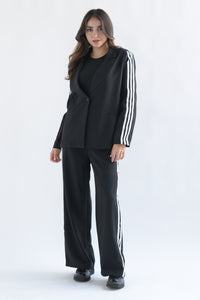 Fashion Styled Set Pantalón y Blazer 3 líneas track Negro