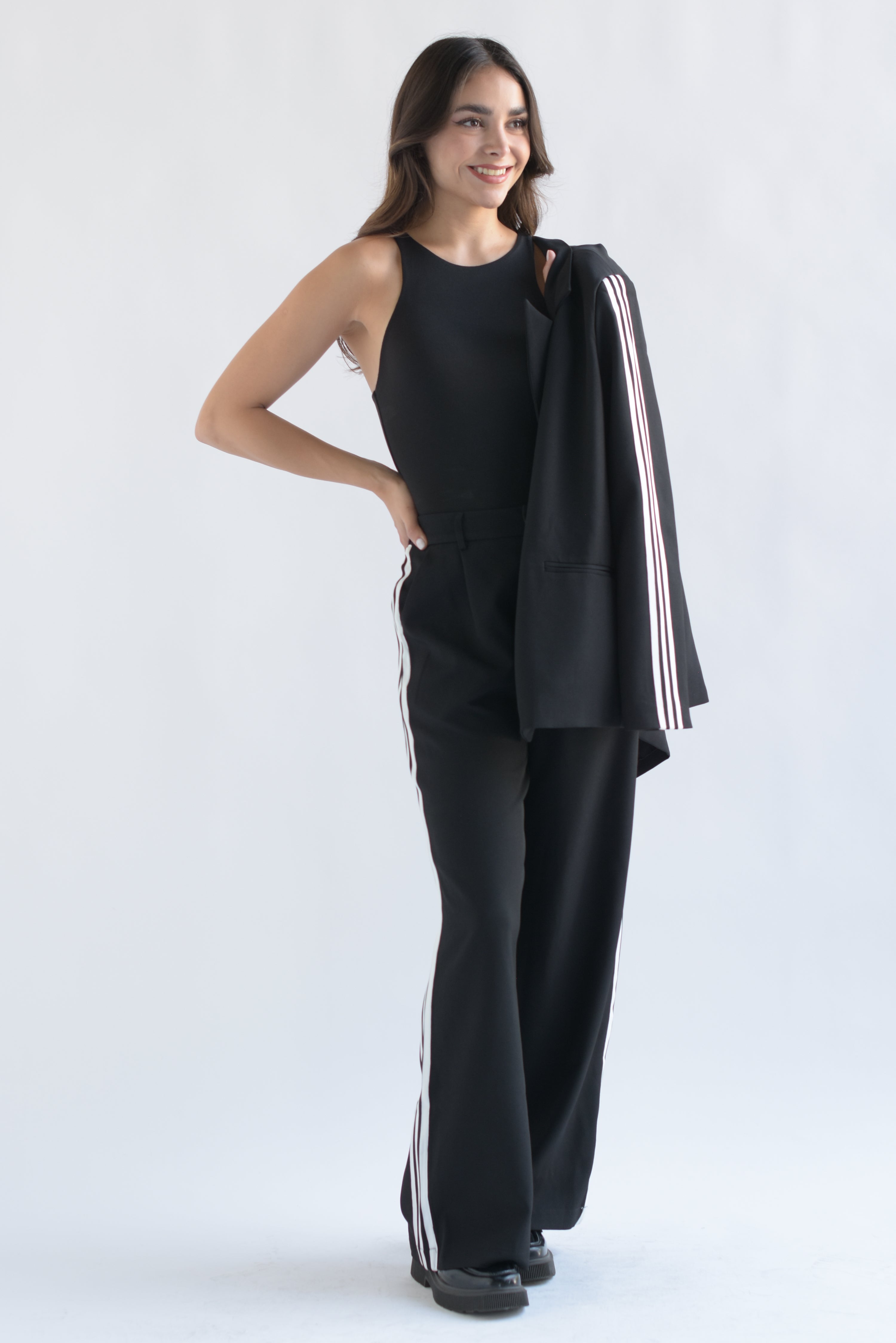 Set Pantalón y Blazer 3 líneas track Negro