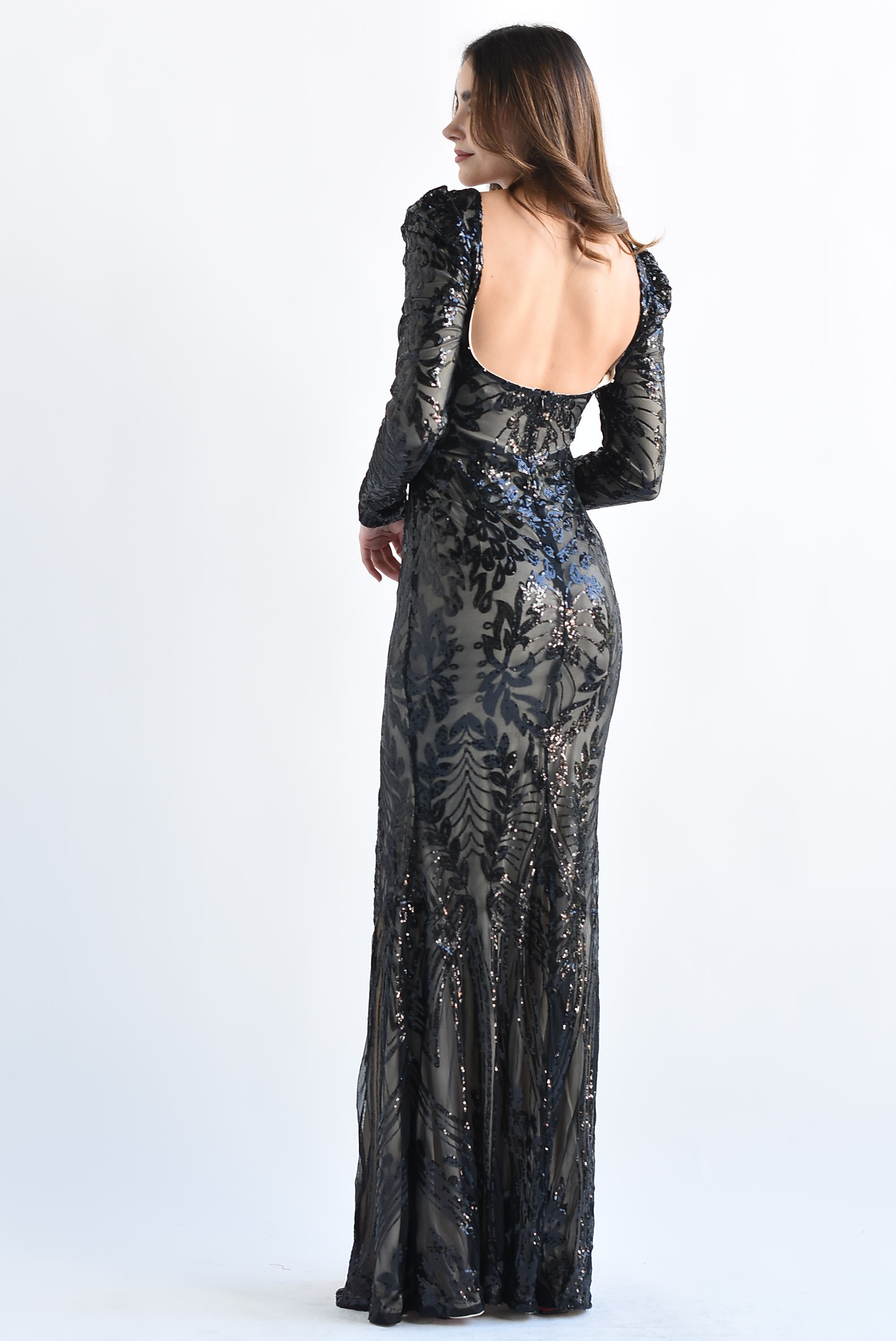 Vestido largo mesh lentejuela Negro