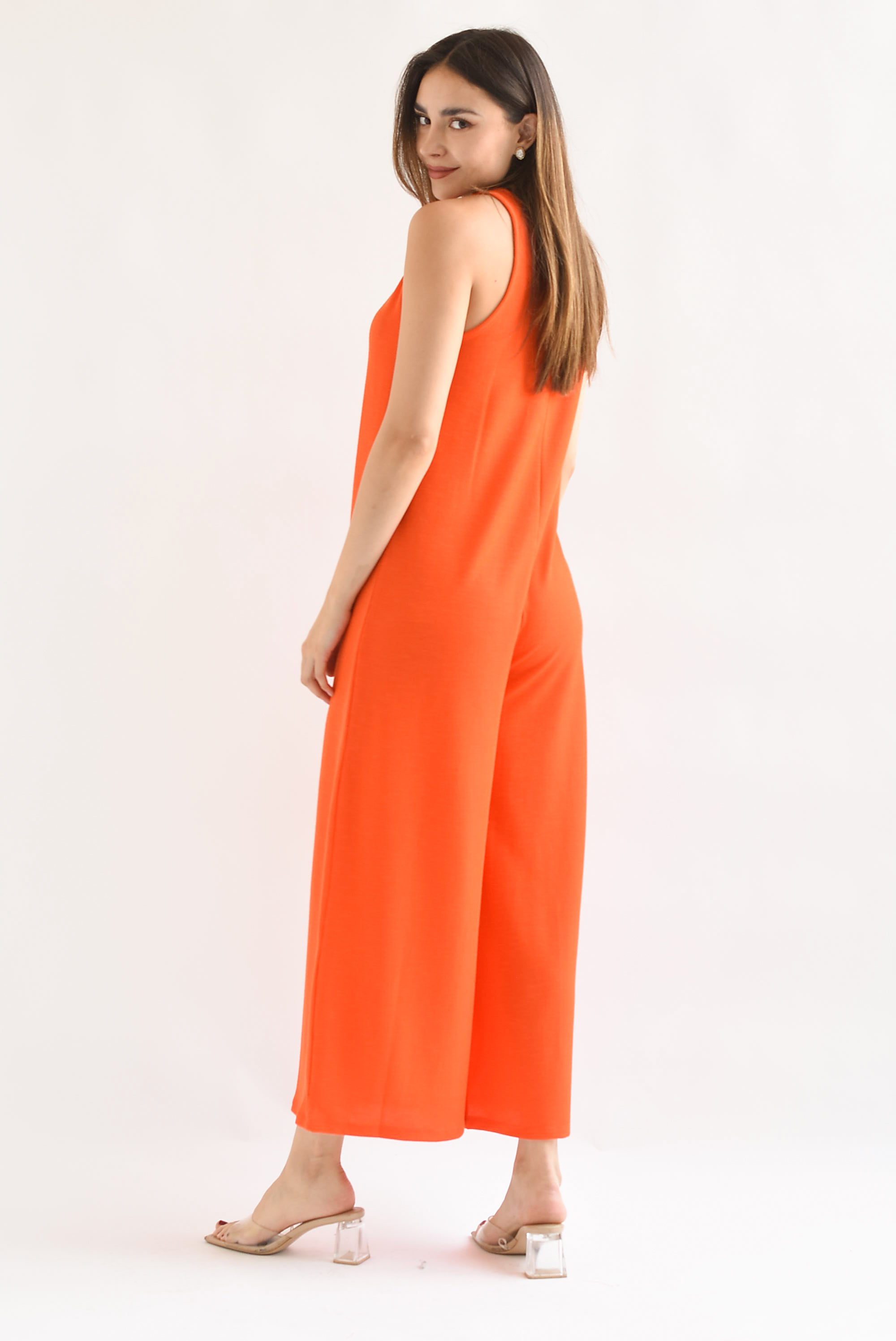 Jumpsuit pierna ancha cuello V Naranja