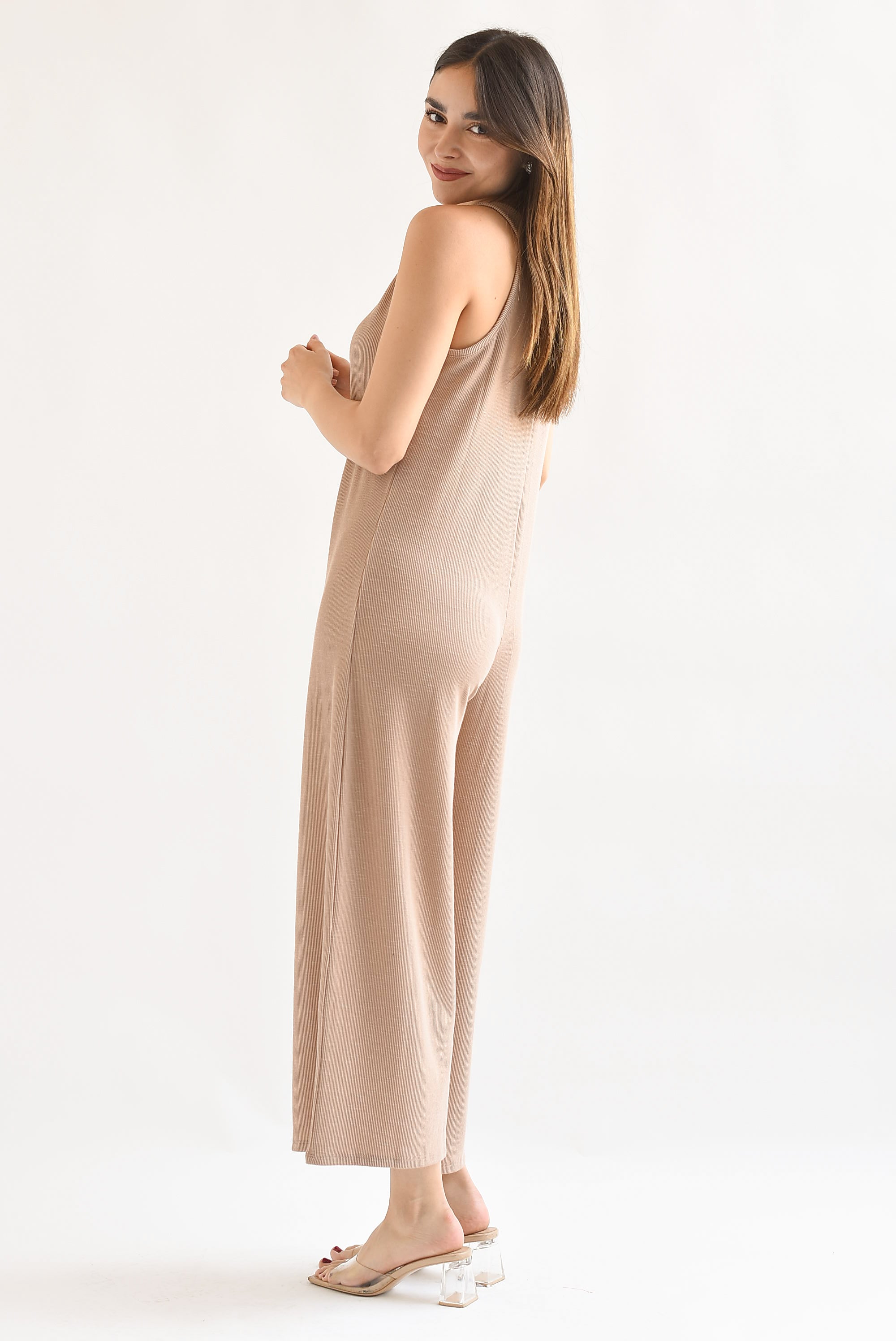 Jumpsuit pierna ancha cuello V Moka