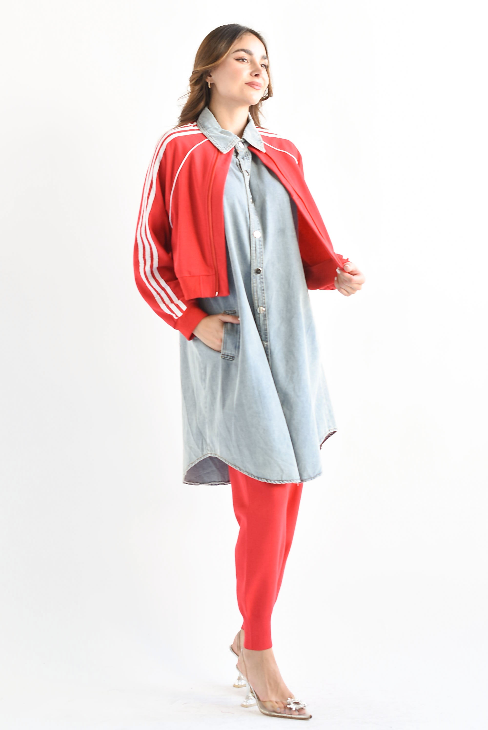 Chamarra larga Denim track Roja