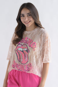 Fashion Styled T-Shirt encaje Rolling Stones lengua fiusha Blush