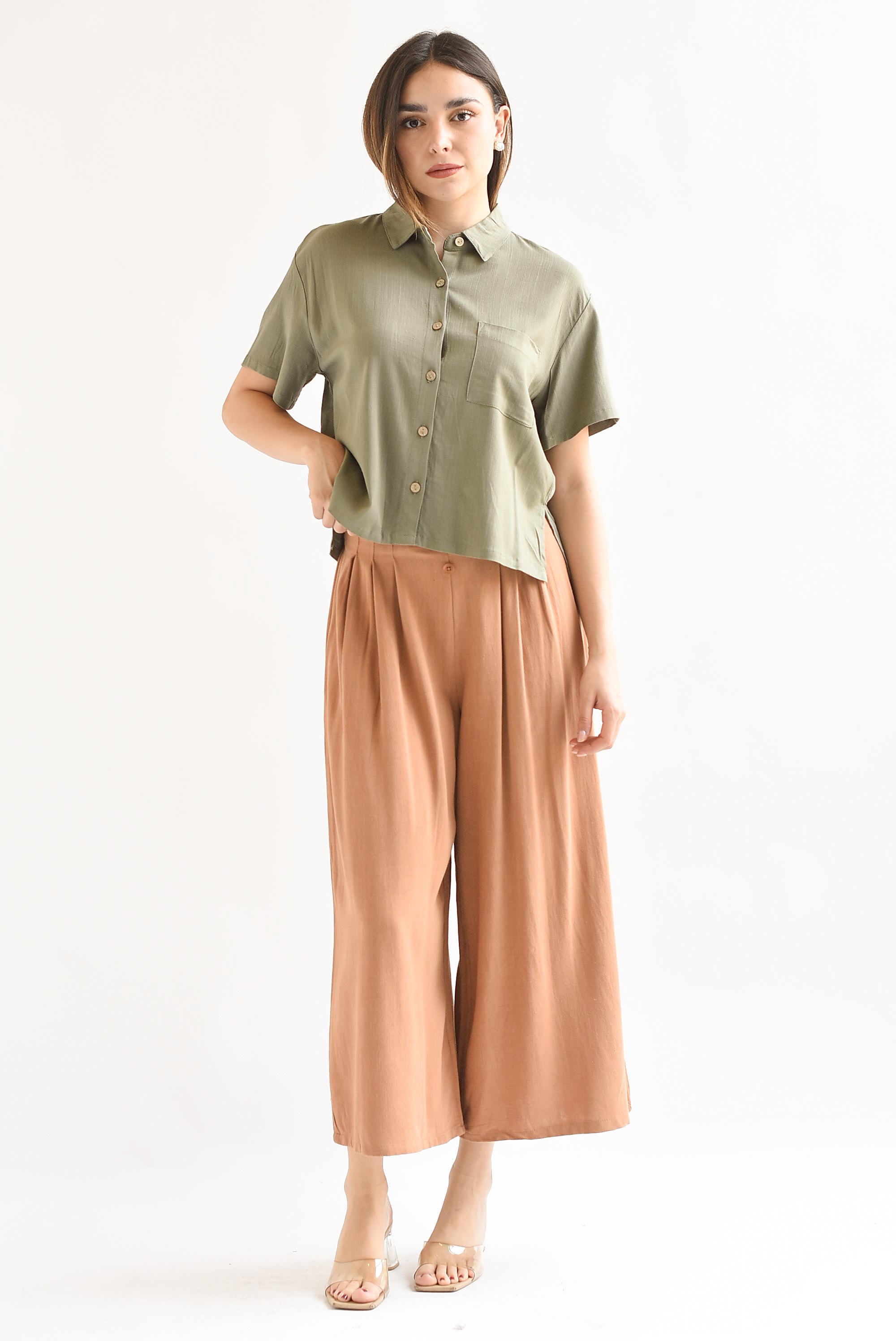 Pantalón culotte tipo lino Café Canela