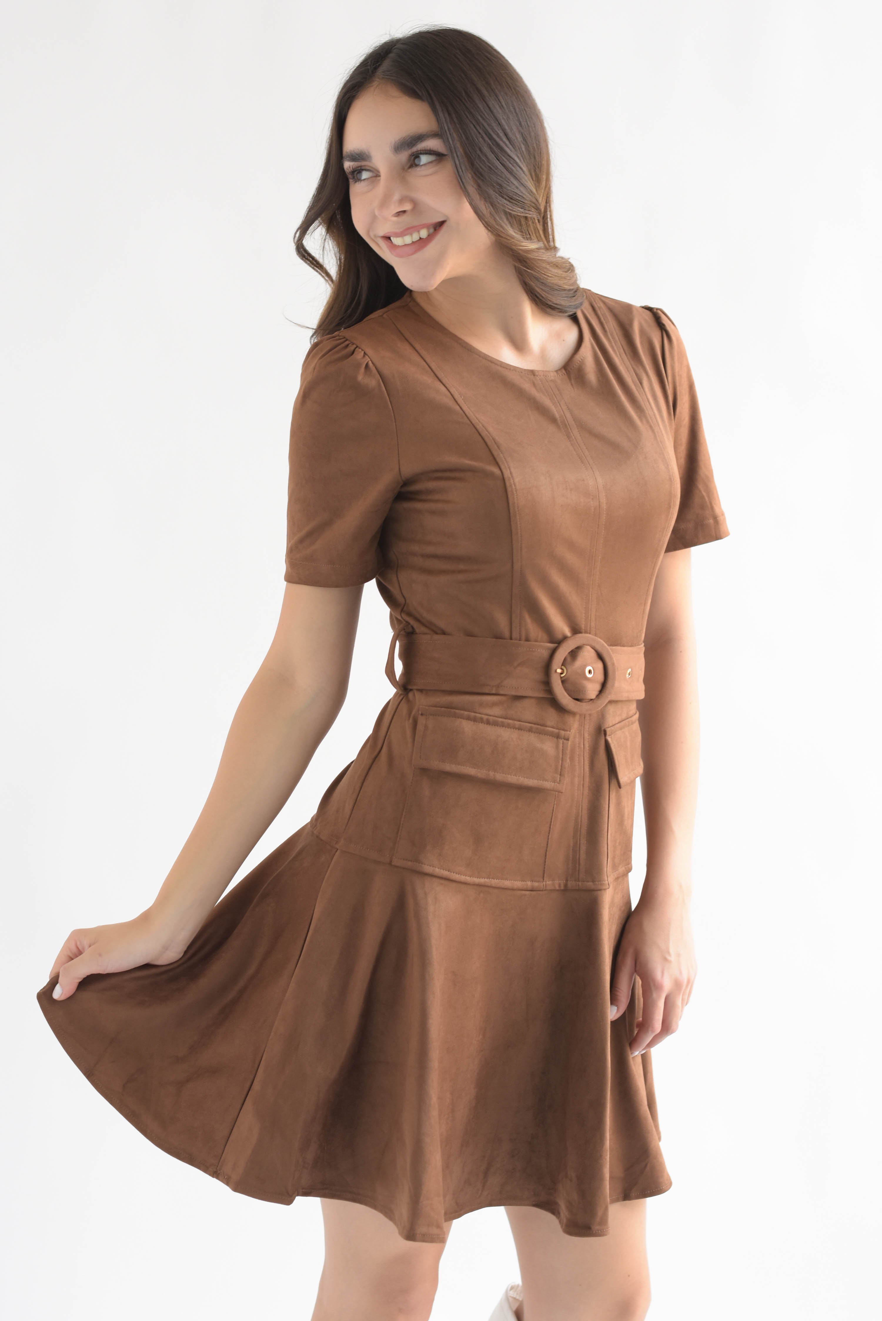 Vestido corto bolsillos suede Camel