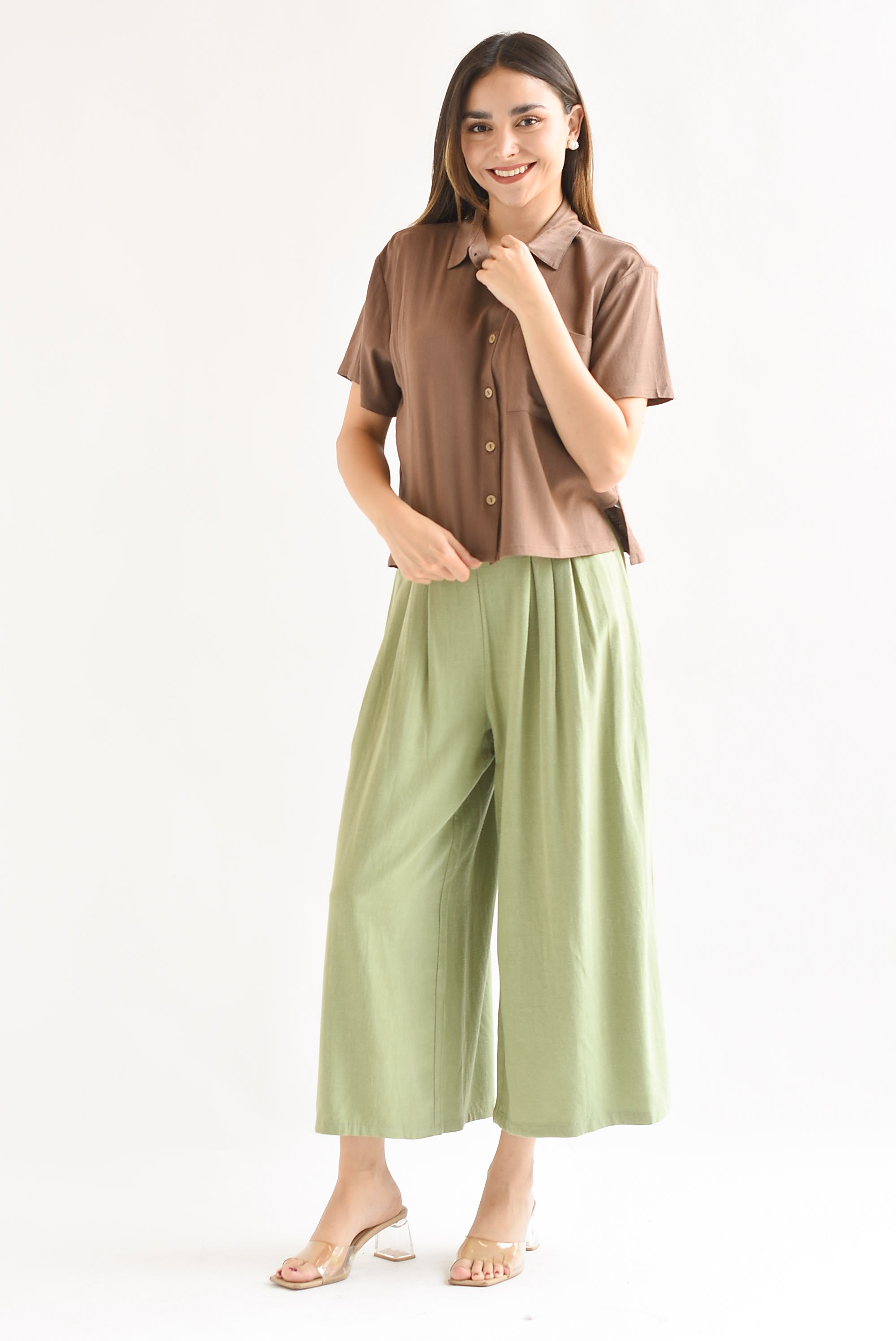 Pantalón culotte tipo lino Verde Pistache
