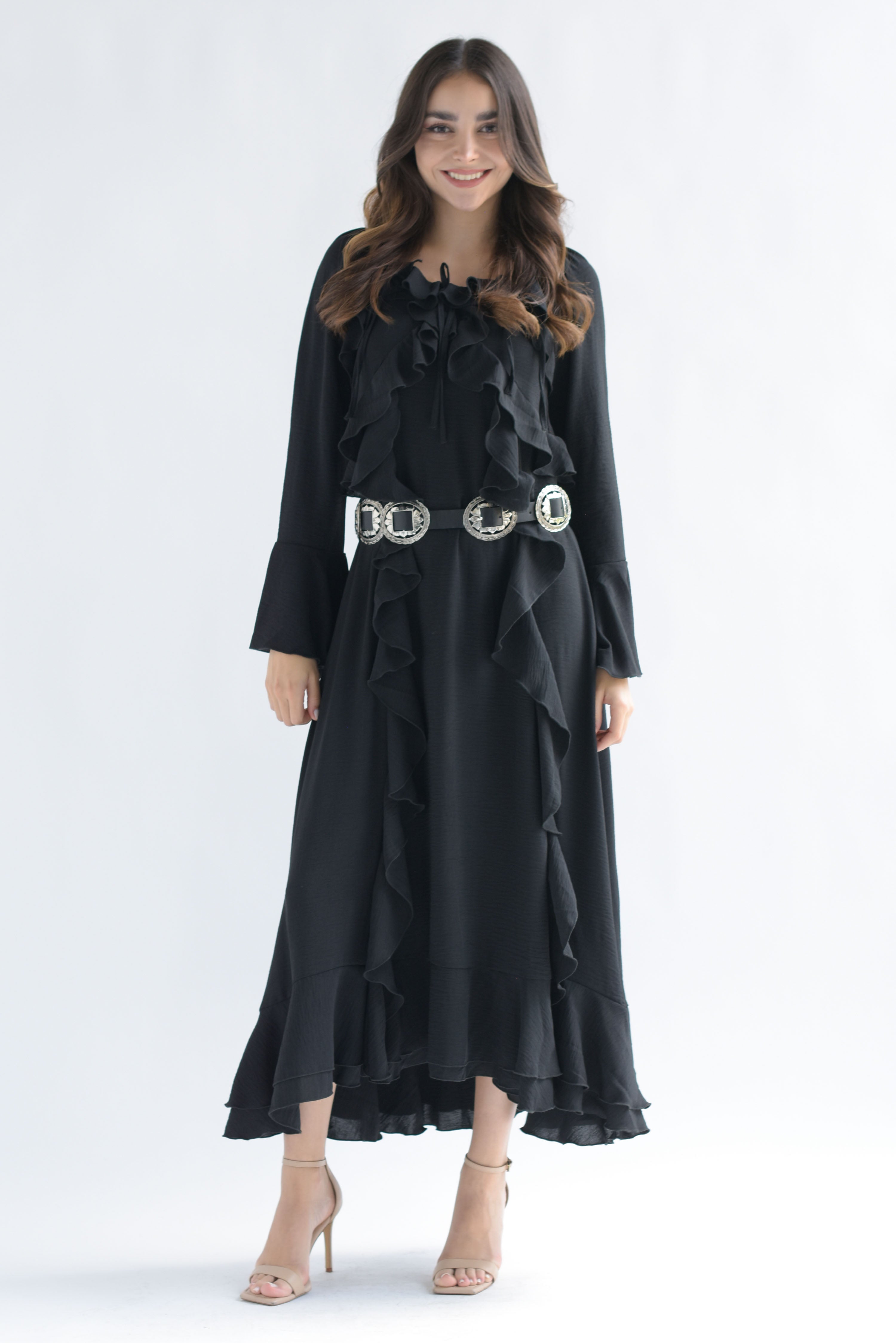 Vestido largo olanes y lazos Negro