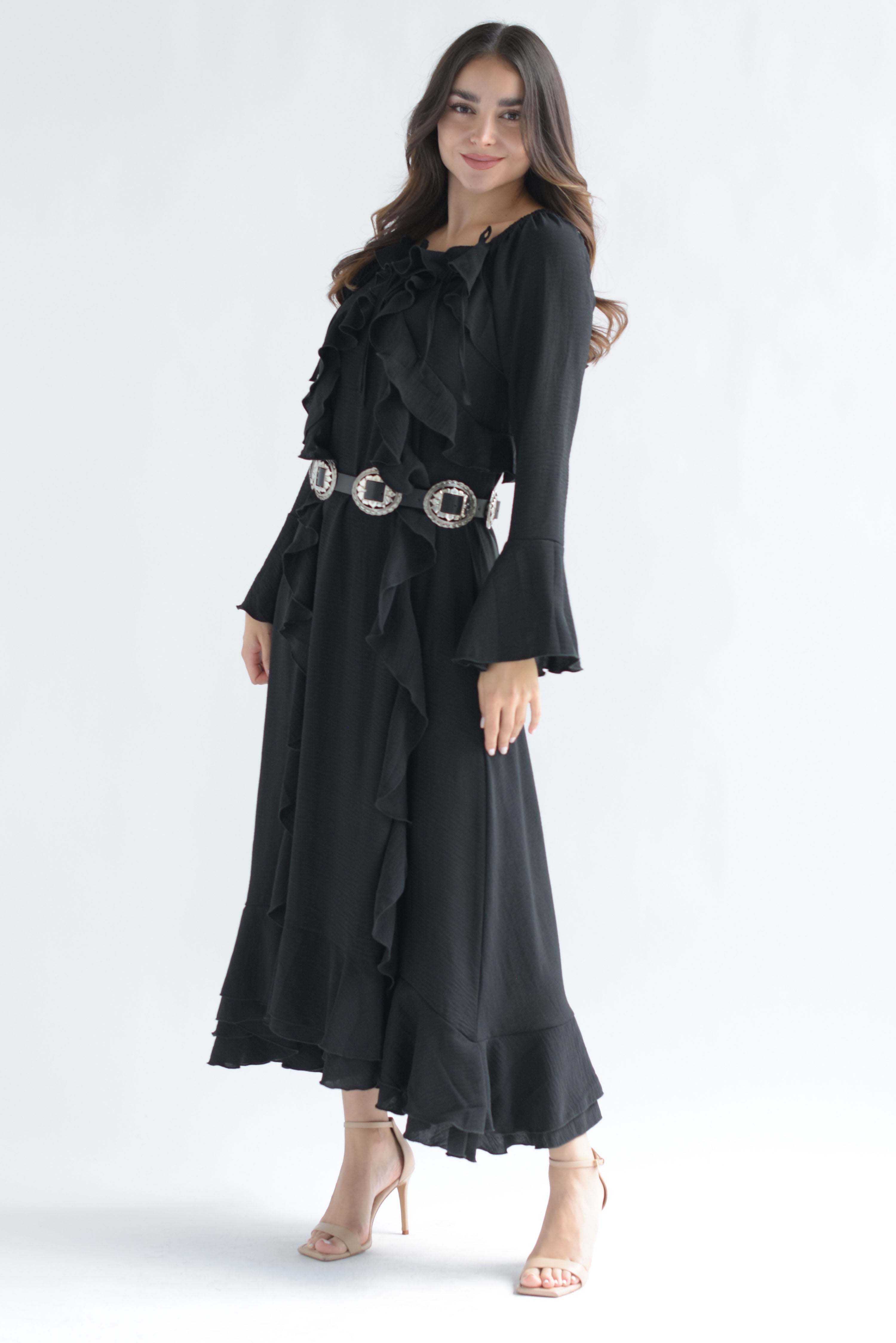 Vestido largo olanes y lazos Negro