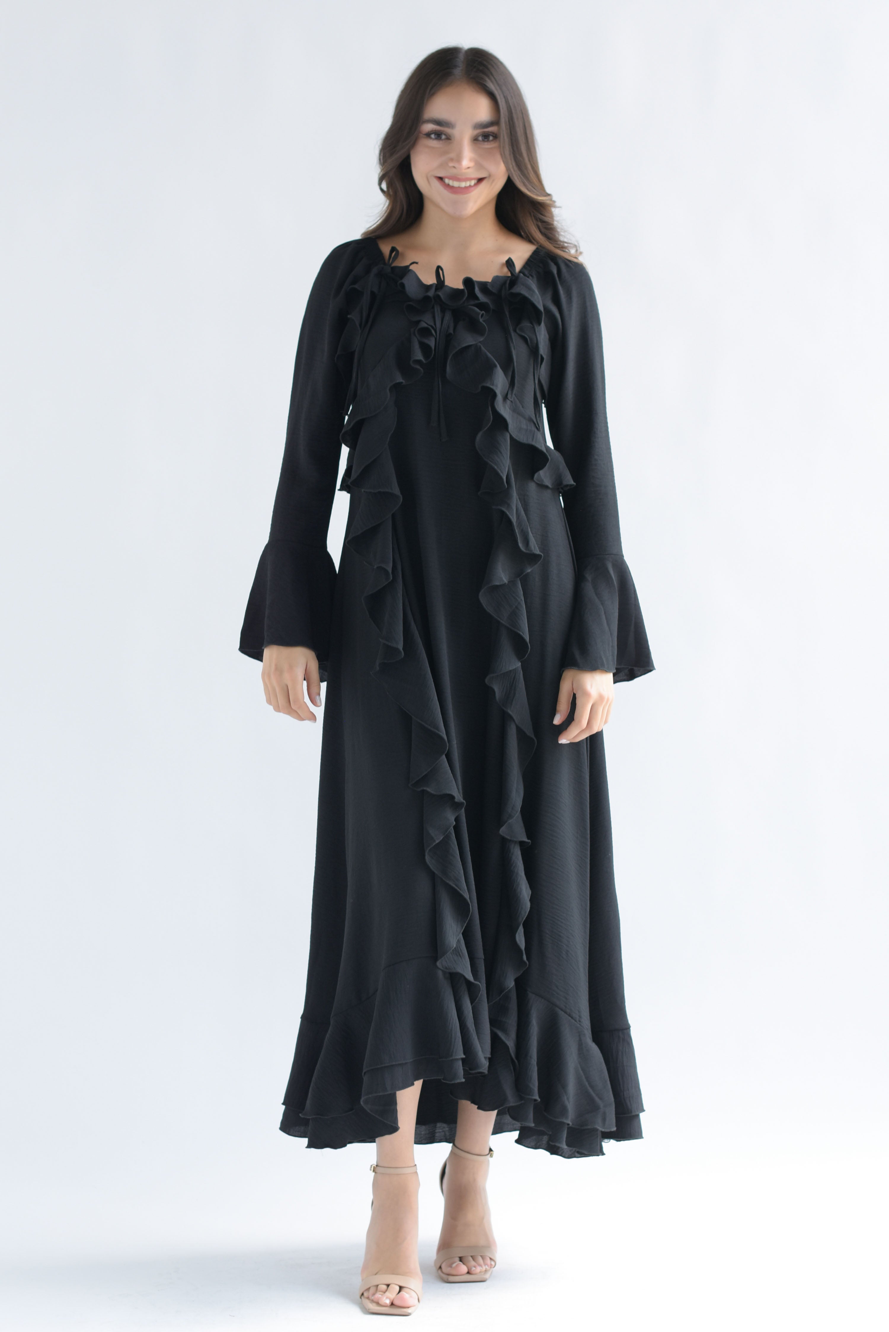 Vestido largo olanes y lazos Negro