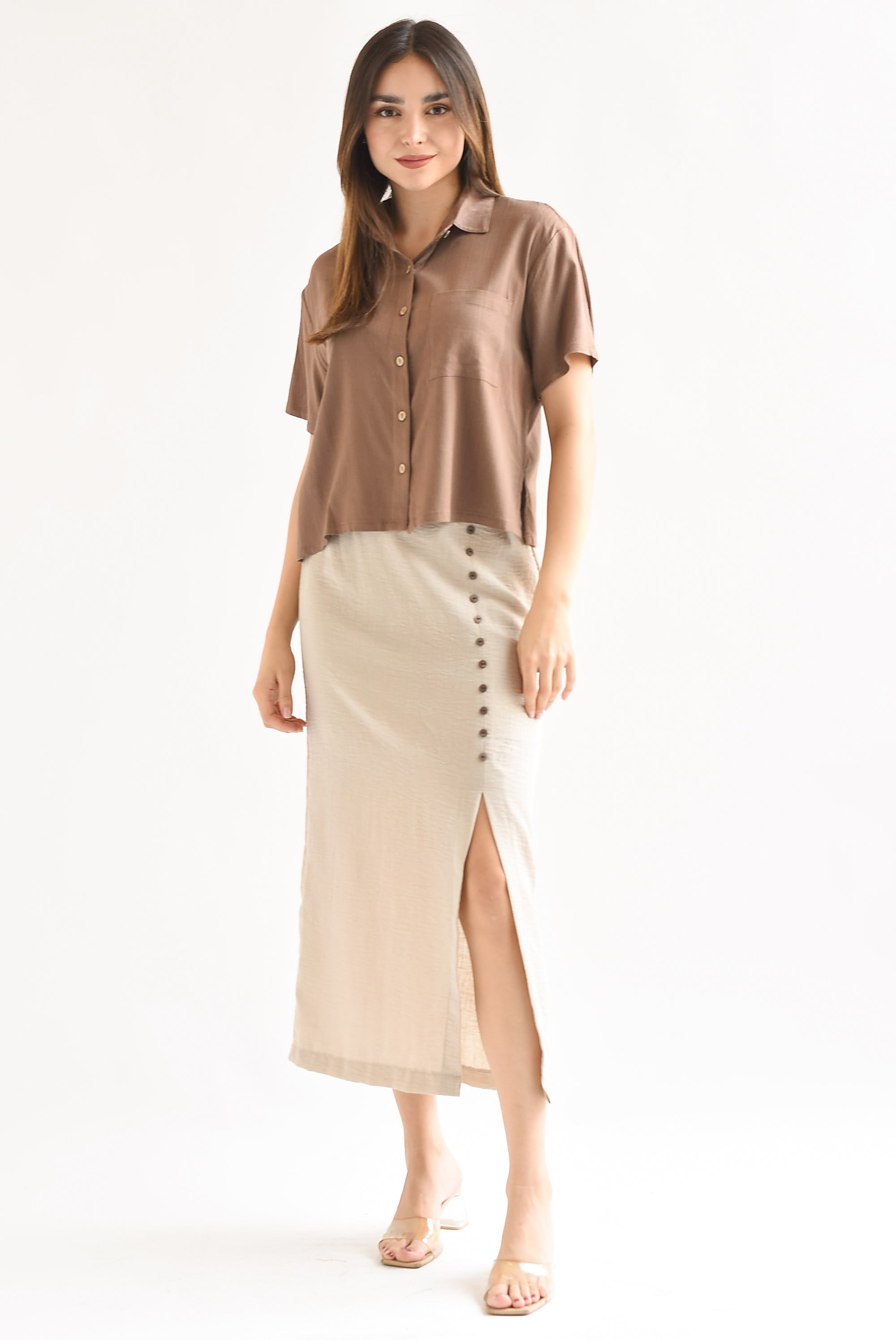 Falda midi recta botones Crudo