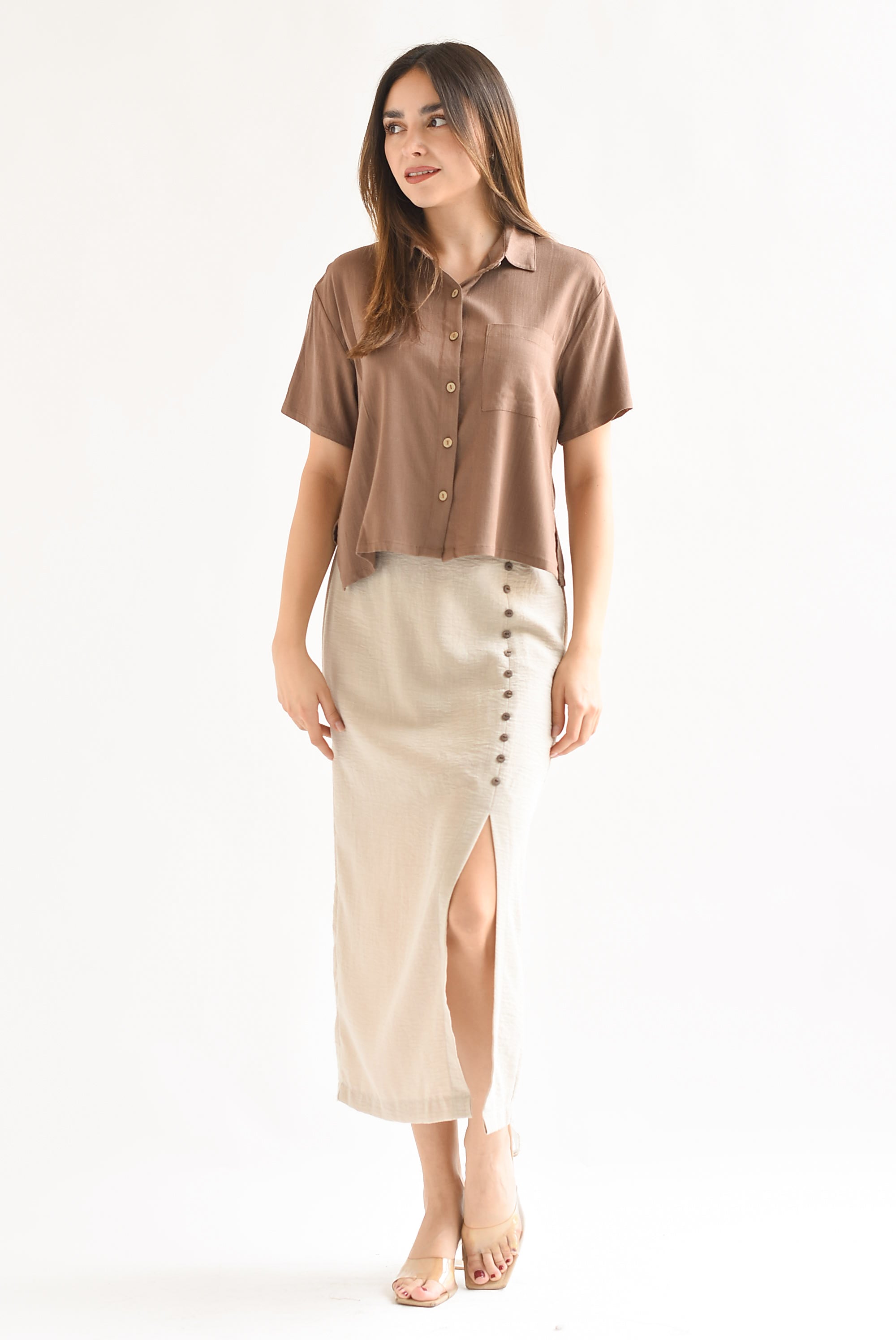 Falda midi recta botones Crudo