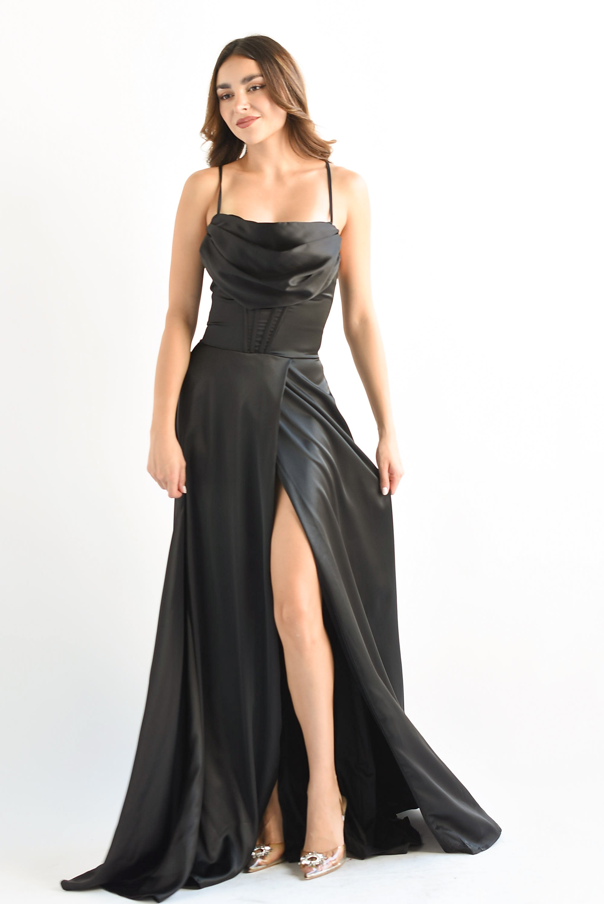 Vestido largo con corset satín Negro