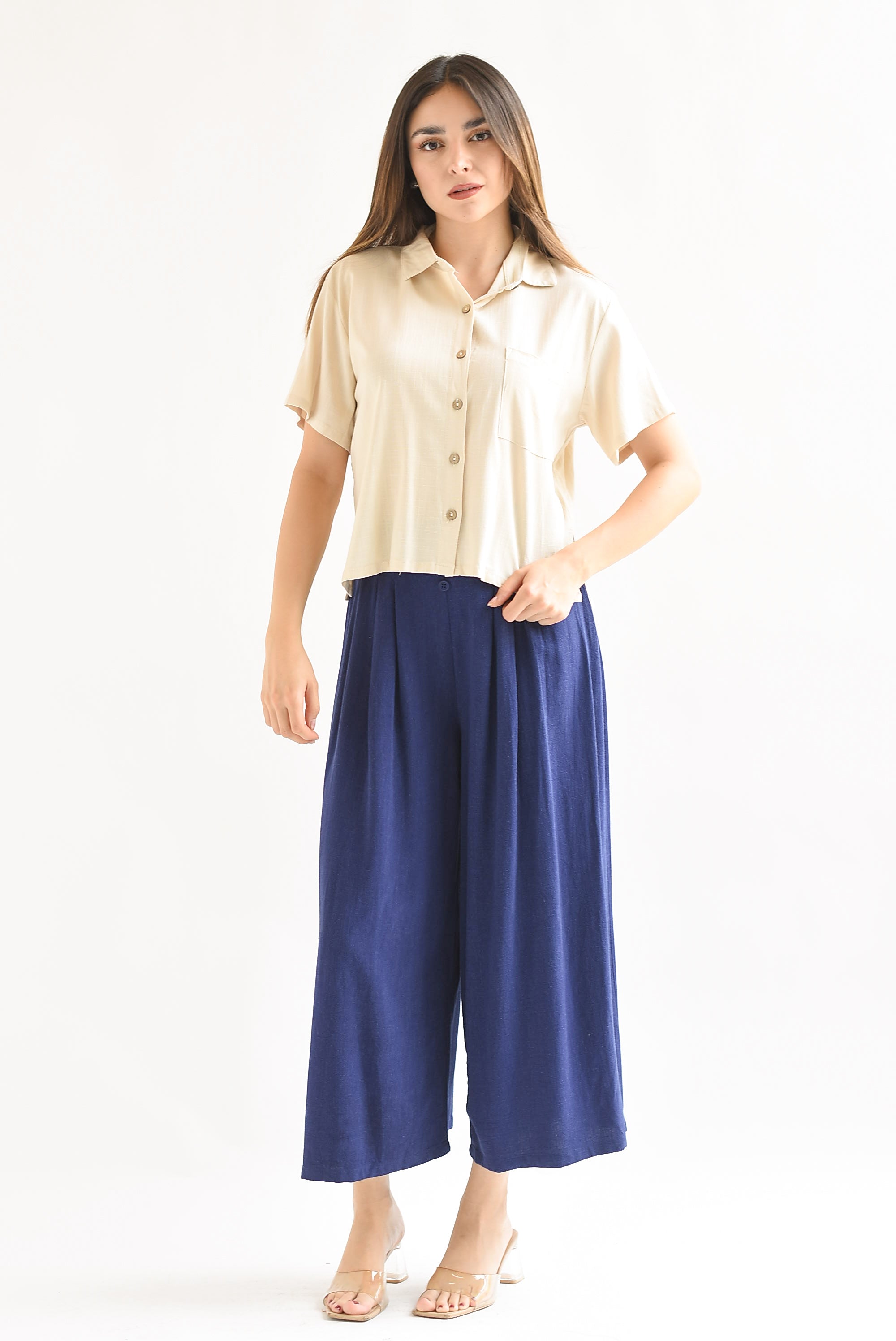 Pantalón culotte tipo lino Azul Marino