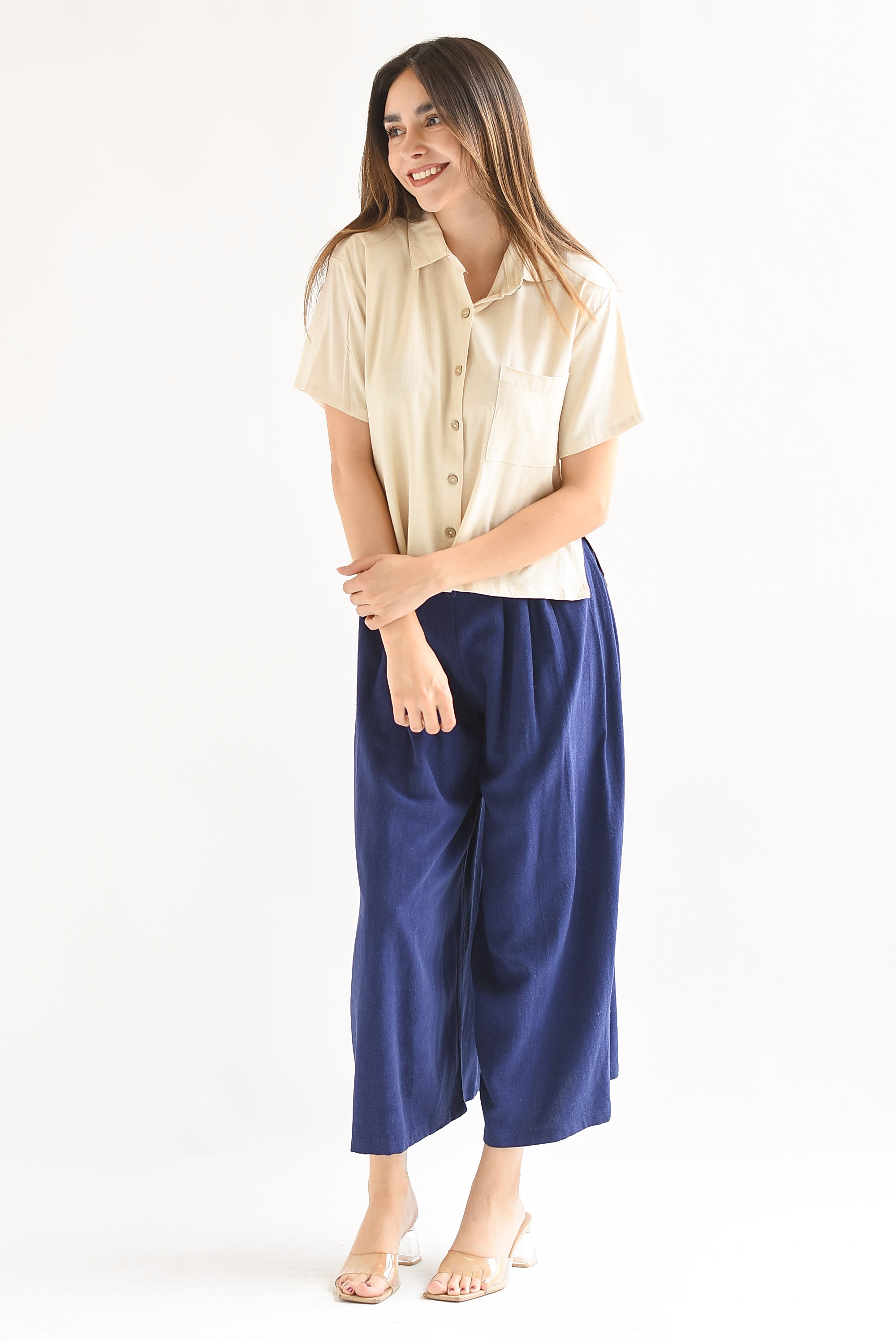 Pantalón culotte tipo lino Azul Marino