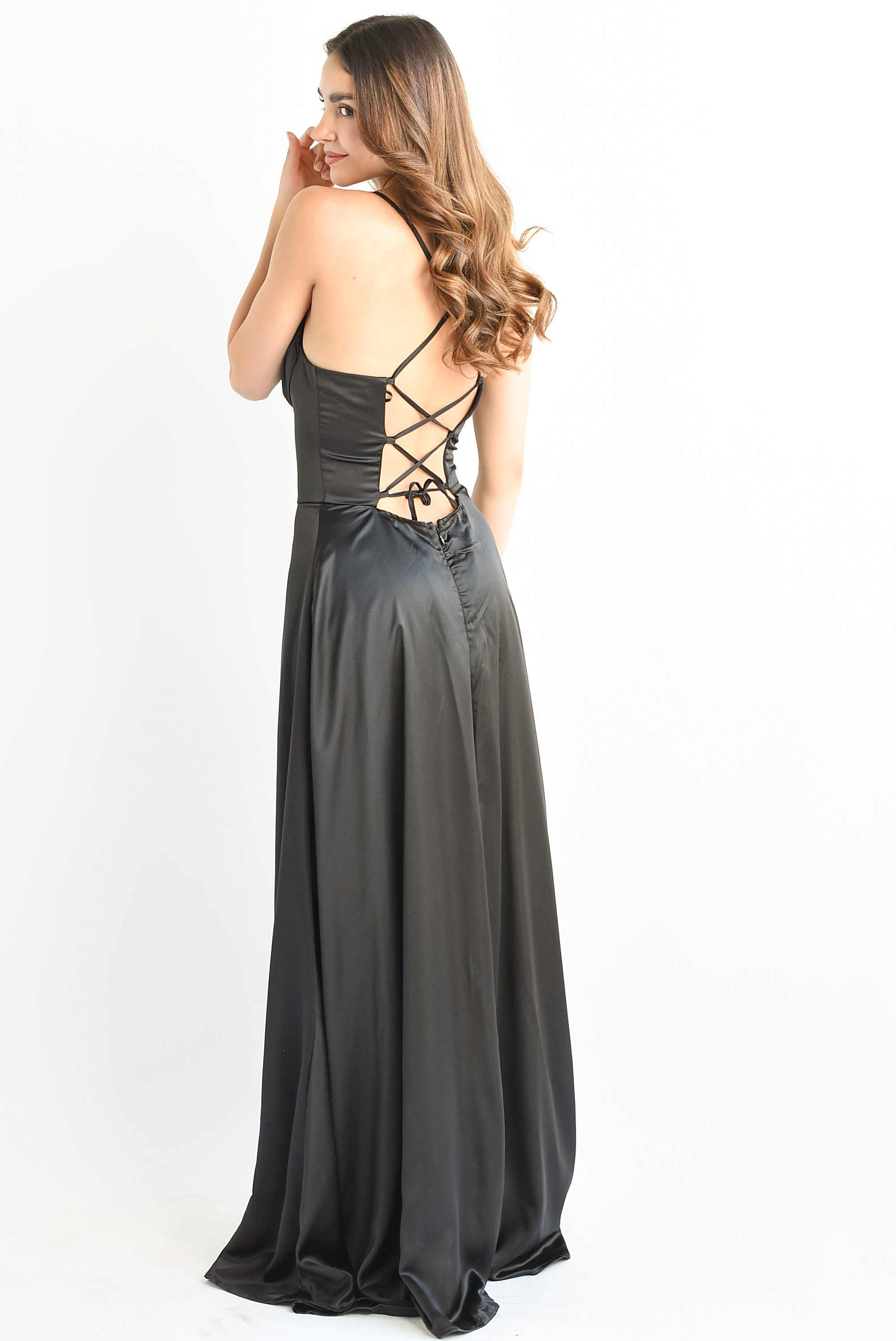 Vestido largo con corset satín Negro